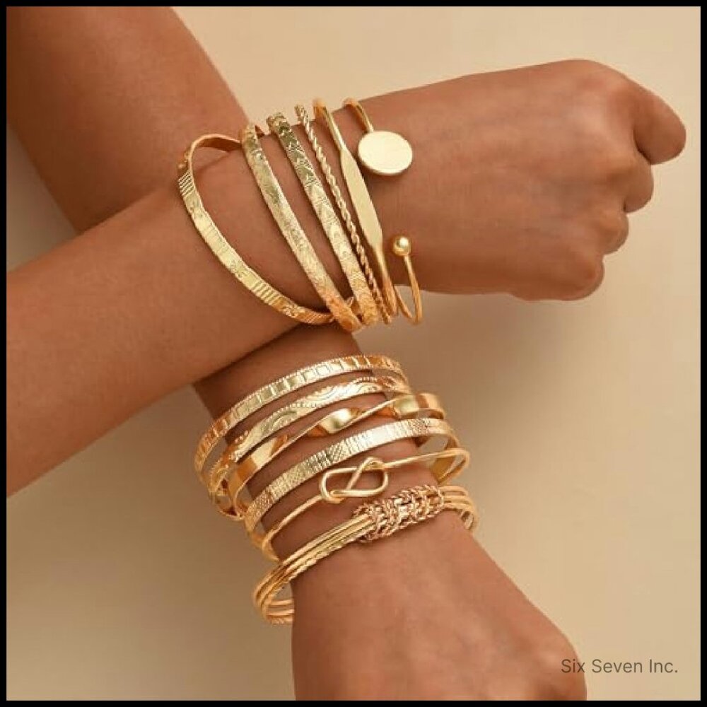 Gold Plated Bangle Bracelets Stackable Set Textur… - image 4